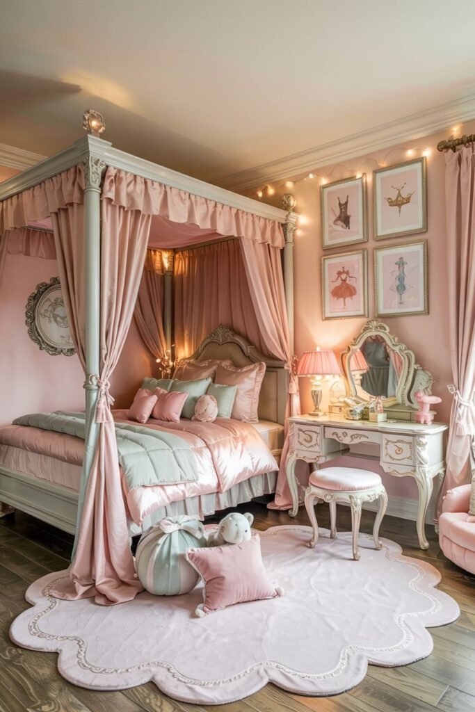Dreamy princess bedroom with a four-poster canopy bed, pink curtains, a vanity table, and ballerina artwork.