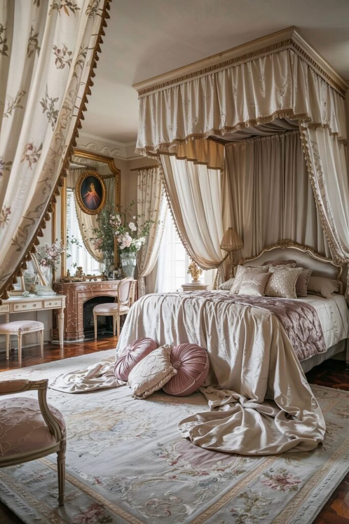Dreamy princess bedroom with a cream colored draped canopy bed, floral curtains, and a vanity table.