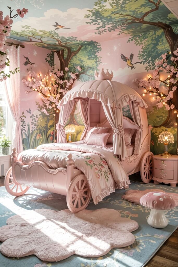 Dreamy princess bedroom featuring a pink carriage bed, a forest mural on the wall, string lights, and a mushroom-shaped stool.