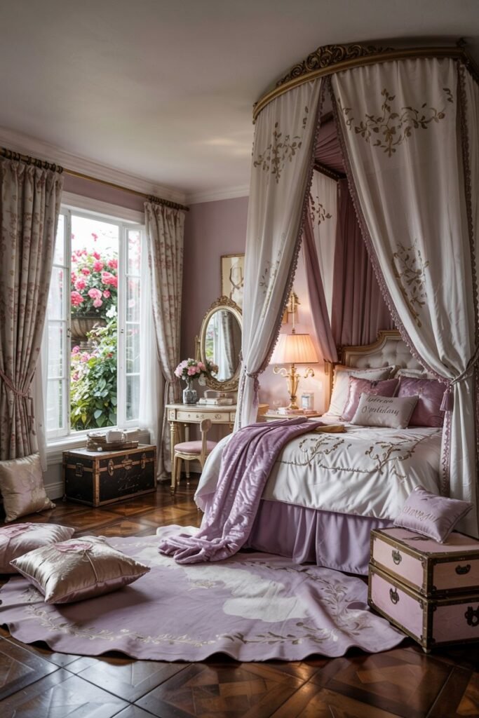 Dreamy princess bedroom with a canopy bed draped in purple and cream fabric, floral curtains, a vanity, and antique trunks.