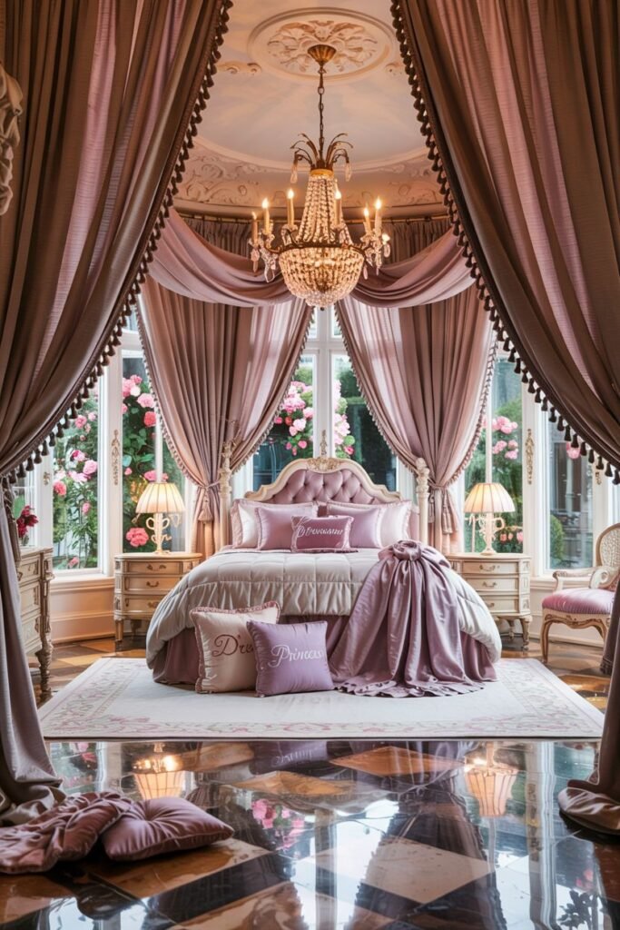 Dreamy princess bedroom with a large canopy bed, rich pink and purple drapes, a crystal chandelier, and big windows overlooking a garden. The pillows say "Dreamy Princess".
