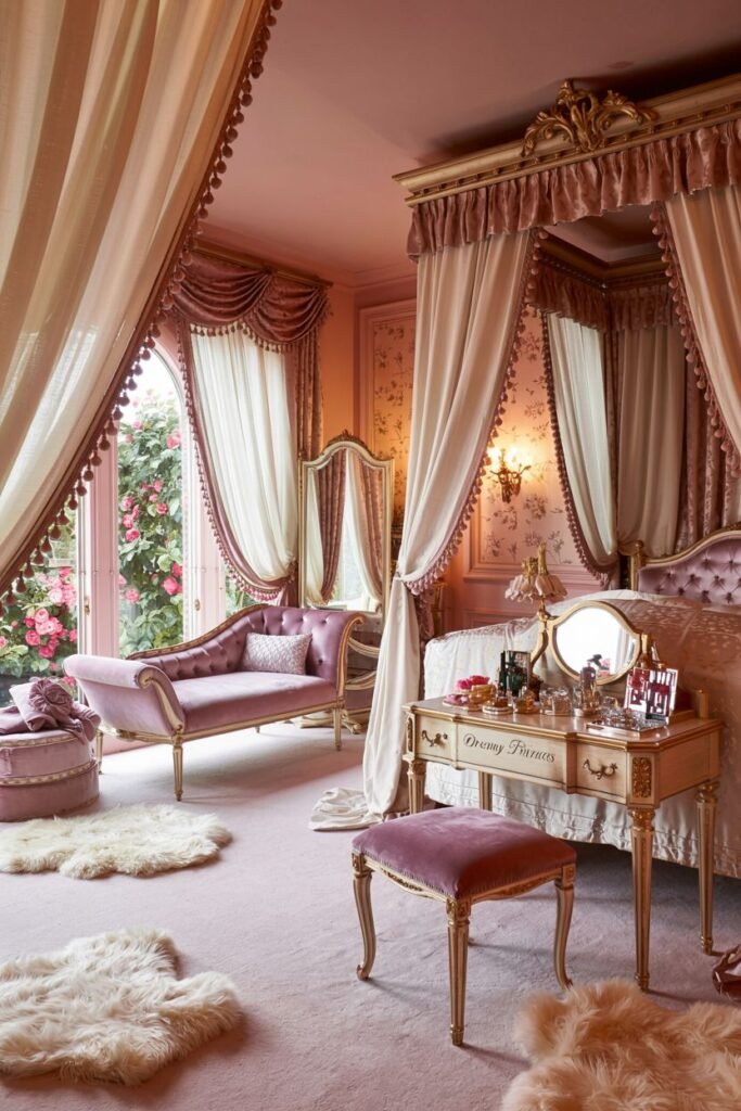 Dreamy princess bedroom in pink with a canopy bed, a pink velvet chaise lounge, vanity table, and fluffy rugs. The vanity says "Dreamy Princess".