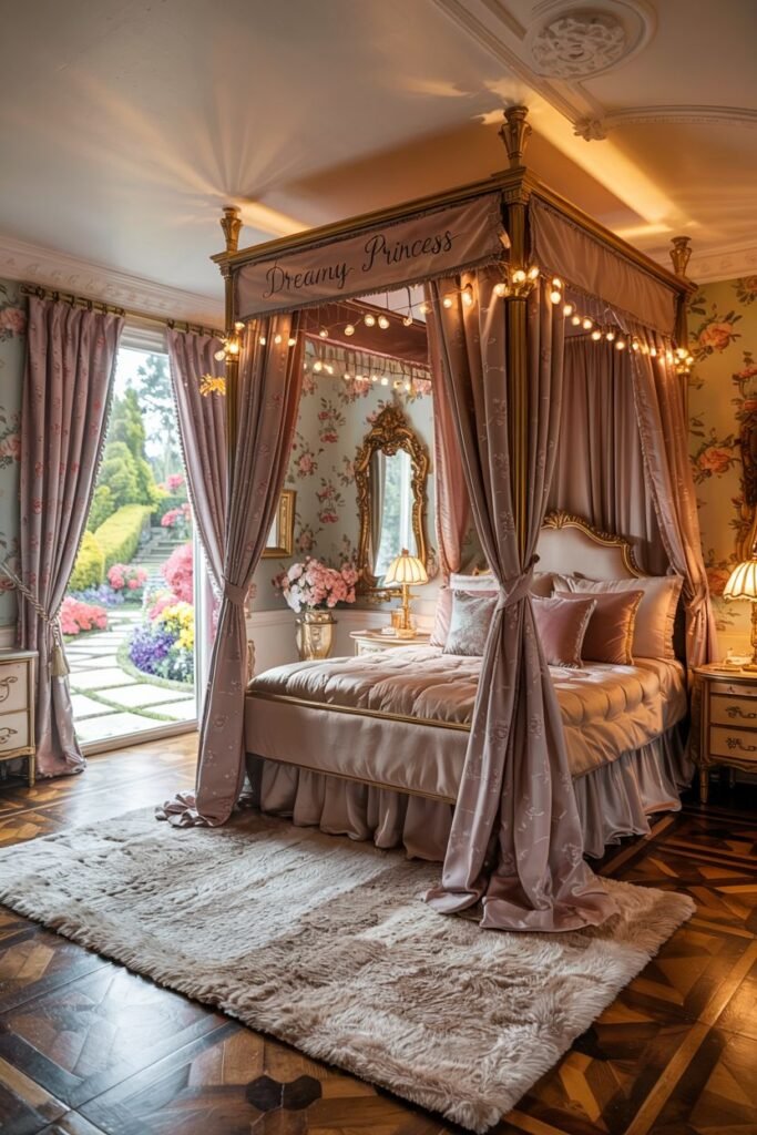 Dreamy princess bedroom with a canopy bed adorned with string lights, floral wallpaper, and a view of a garden. The bed valance says "Dreamy Princess".