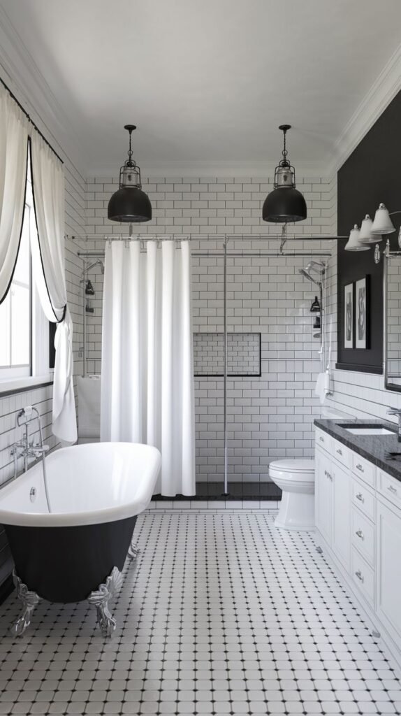 An elegant black and white bathroom with subway tile walls, hexagonal floor tiles, a black clawfoot tub with a shower curtain, and a white vanity.