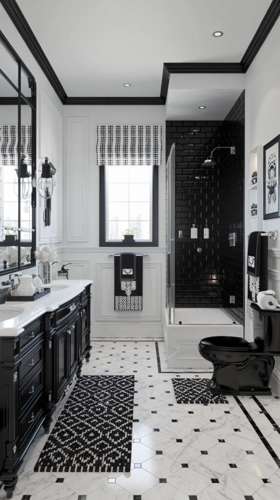 An elegant black and white bathroom with a black vanity, marble floor tiles with black inserts, a black tiled shower, and a black toilet.