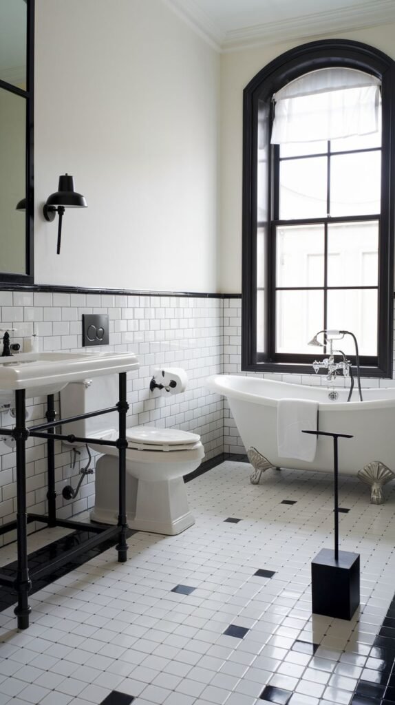 An elegant black and white bathroom featuring a clawfoot tub under a large arched window, a console sink, white subway tile walls, and white floor tiles with black inserts.
