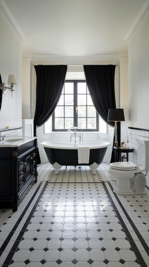 An elegant bathroom with black curtains framing a large window, a black clawfoot tub, a black vanity, and octagonal floor tiles with black accent squares.