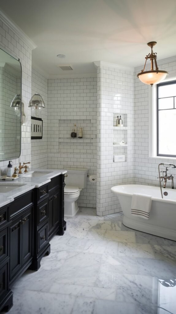 An elegant bathroom with subway tile walls, marble floor tiles, a freestanding tub, and a double vanity with a black countertop and gold fixtures.