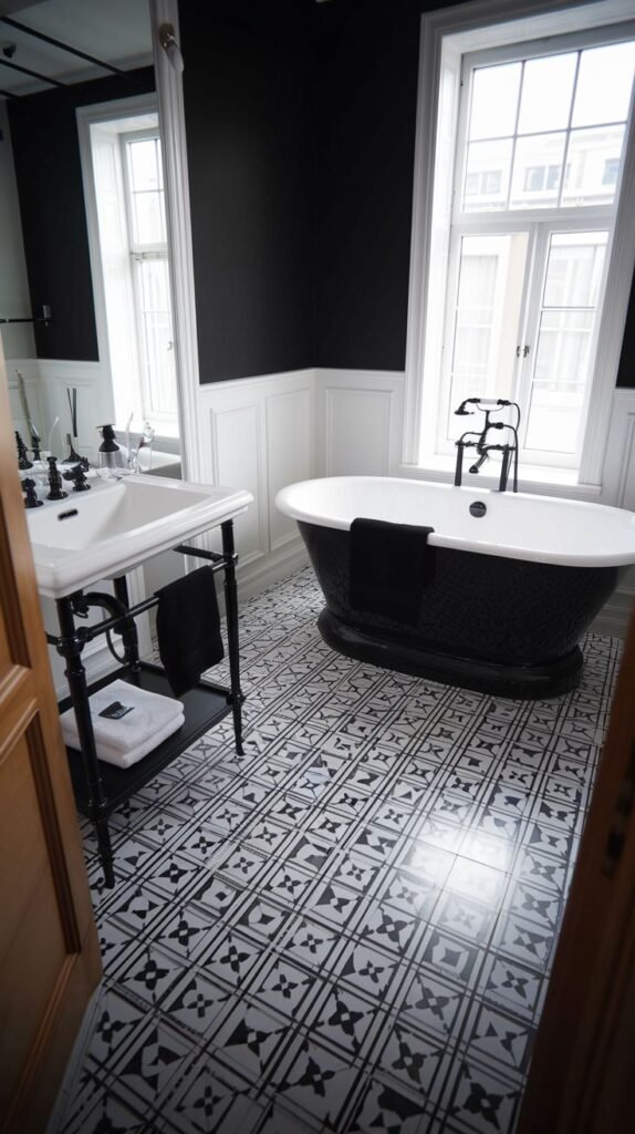 An elegant black and white bathroom featuring a black accent wall, white wainscoting, a black clawfoot tub, a console sink, and patterned floor tiles.