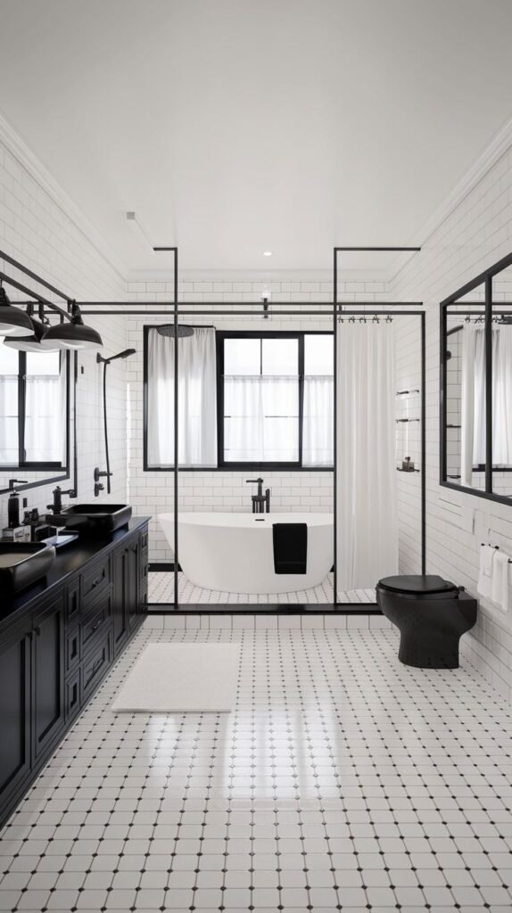 An elegant black and white bathroom with white subway tile walls, white floor tiles with black accents, black vanities with black sinks, a black toilet, and a freestanding tub within a glass enclosure.