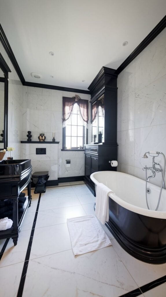 An elegant black and white bathroom with marble walls and floor, a black clawfoot tub, a black vanity, and a large black storage cabinet.