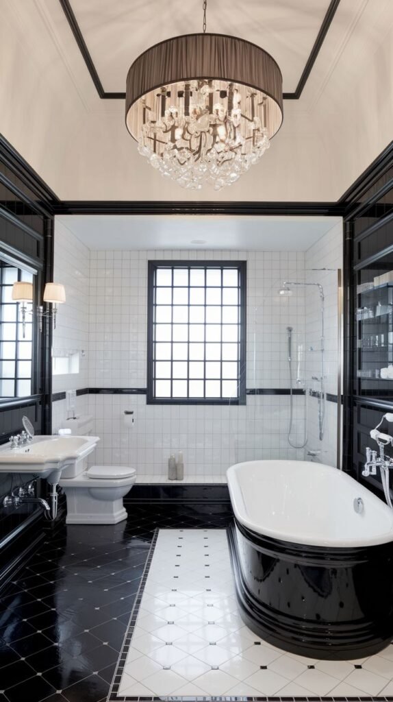 An elegant black and white bathroom featuring black walls and ceiling trim, white subway tiles, a black and white tiled floor, a black clawfoot tub, and a large crystal chandelier.