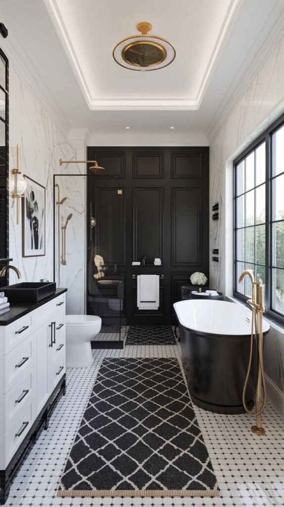 An elegant bathroom with marble walls, black paneled walls, a black freestanding tub with gold fixtures, a white vanity with a black countertop, and black and white patterned floor tiles.