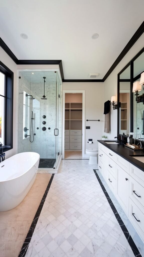 An elegant black and white bathroom showcasing marble tile flooring, a modern white freestanding tub, a glass-enclosed shower, and a long white vanity.