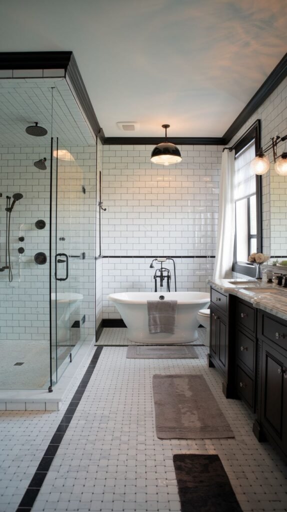 An elegant black and white bathroom with white subway tile walls, white floor tiles with black accents, a glass-enclosed shower, and a freestanding tub.