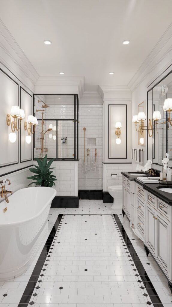 An elegant black and white bathroom featuring white paneled walls with black trim, white floor tiles with black accents, white vanities with black countertops, and gold wall sconces and fixtures.