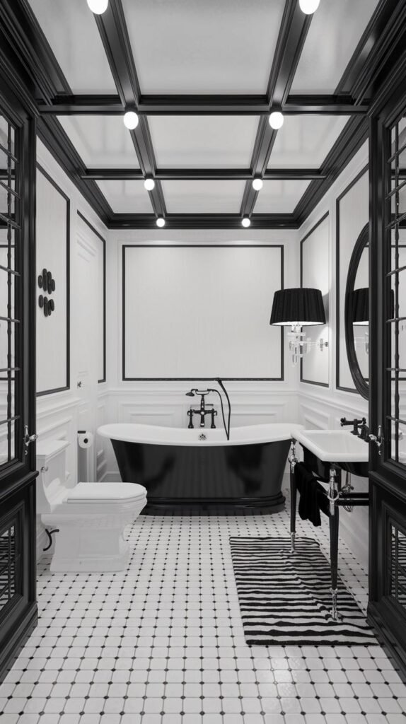 An elegant black and white bathroom with black ceiling beams, white paneled walls with black trim, white floor tiles with black accents, a black freestanding tub, and a console sink.