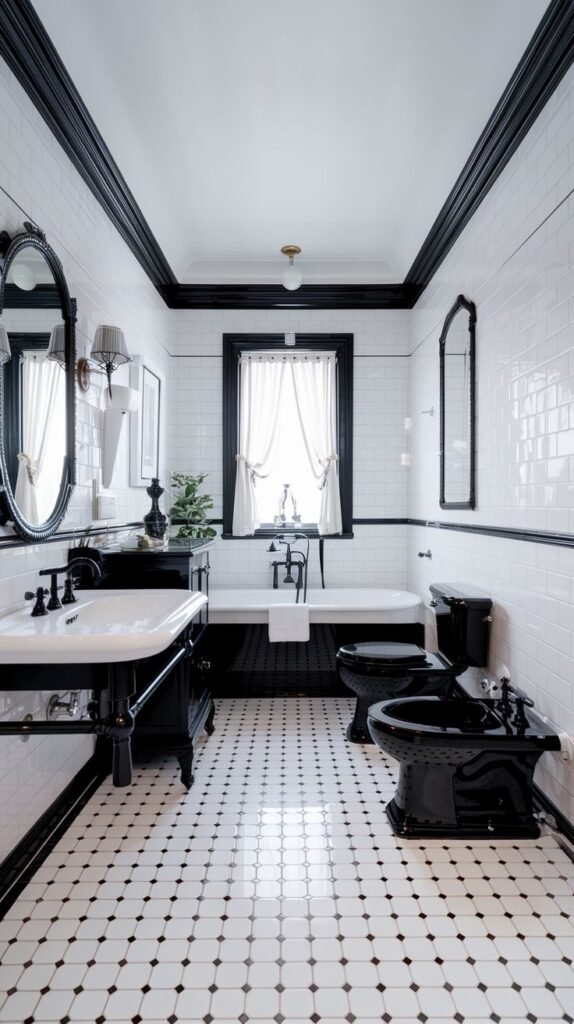 An elegant black and white bathroom featuring white subway tile walls, white floor tiles with black accents, a black console sink, and a black toilet and bidet.
