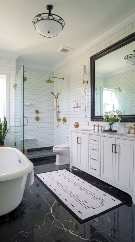 An elegant black and white bathroom with white subway tile walls, black marble floor tiles, a glass-enclosed shower with gold fixtures, and a white vanity with a marble countertop.