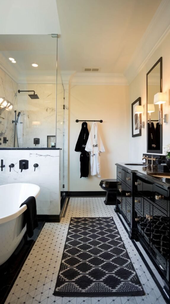 An elegant black and white bathroom with a glass-enclosed shower featuring marble walls, black vanities, white floor tiles with black accents, and a patterned black and white area rug.
