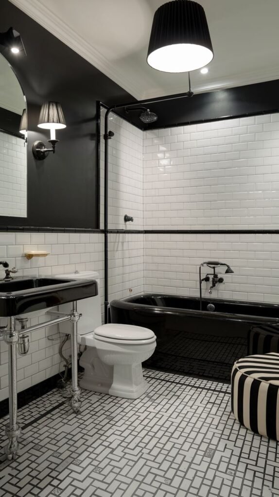 An elegant black and white bathroom with white subway tile walls, black trim, black fixtures, and white geometric floor tiles.