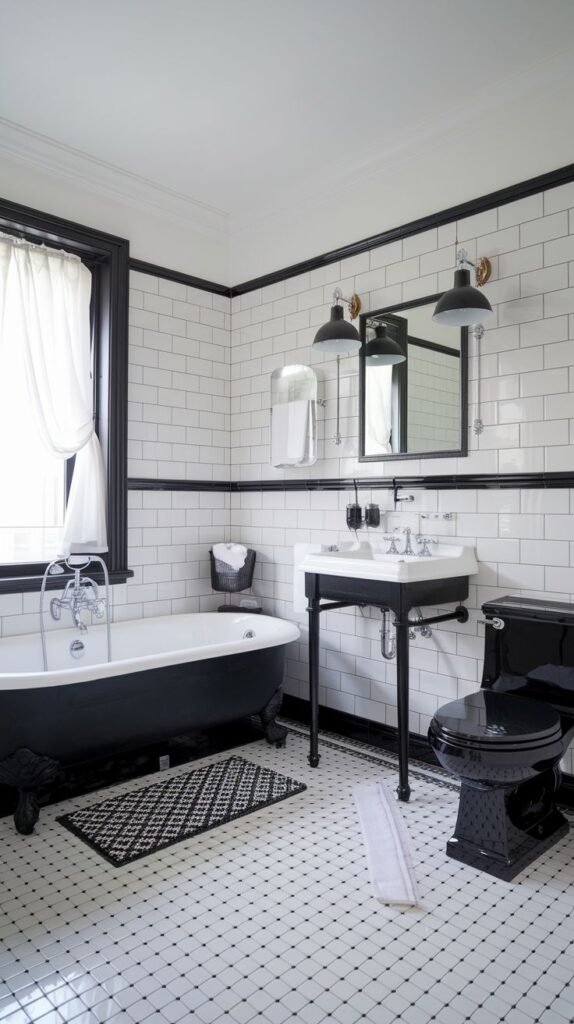 An elegant black and white bathroom with white subway tile walls, black trim, white floor tiles with black accents, a black clawfoot tub, a console sink, and a black toilet.