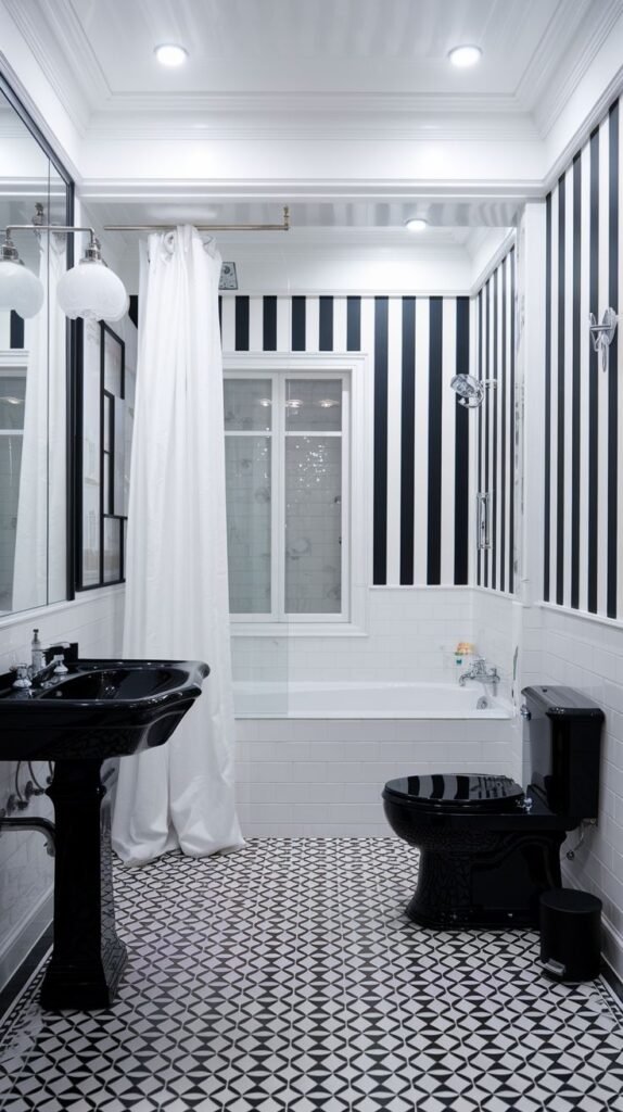 An elegant black and white bathroom featuring black and white striped walls, white subway tiles below, a black toilet, a black sink on a pedestal, and patterned floor tiles.