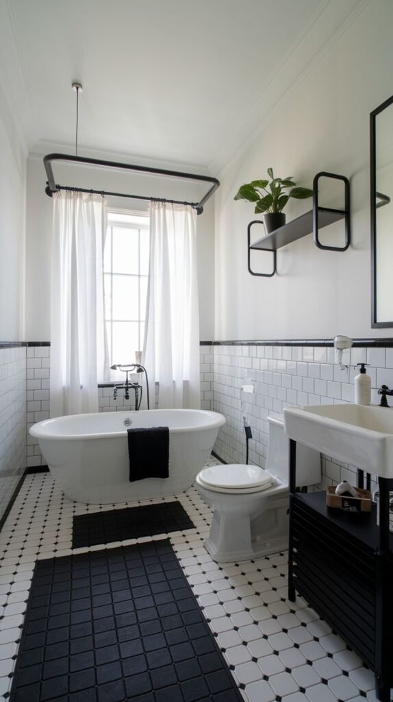 An elegant black and white bathroom with white subway tile walls, black trim, white floor tiles with black accents, a white freestanding tub, and a black vanity/storage unit.