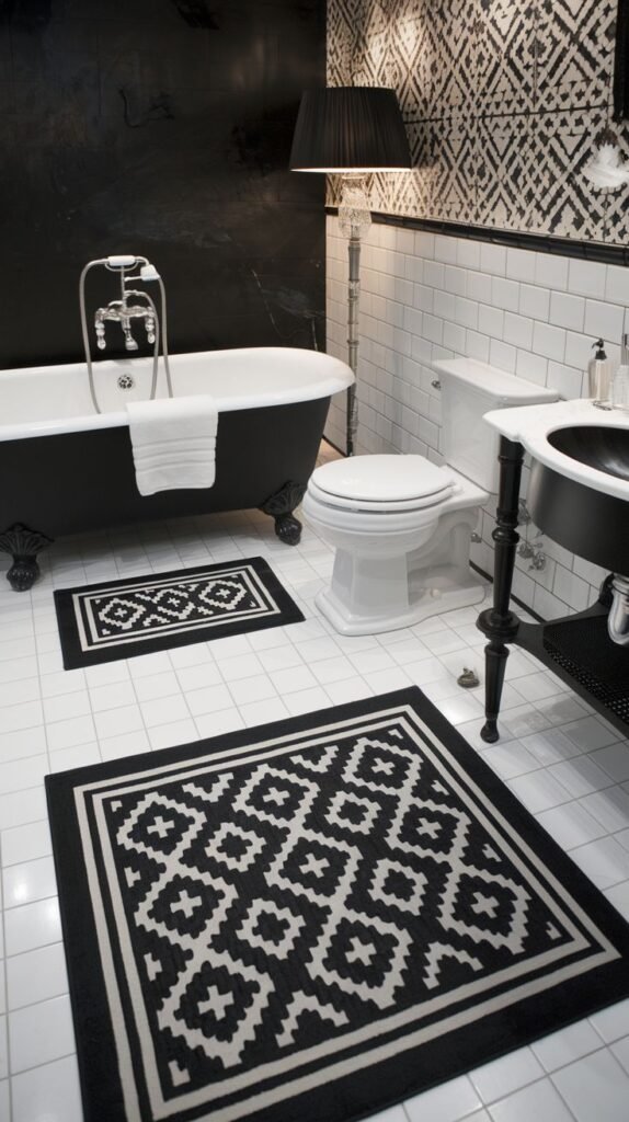 An elegant bathroom with subway tile walls and patterned black and white area rugs on white square tile flooring, featuring a black clawfoot tub and a black console sink.