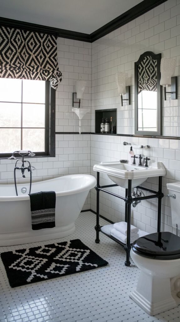 An elegant bathroom features a clawfoot tub, a black and white patterned window shade, a console sink, and geometric tile flooring in black and white.