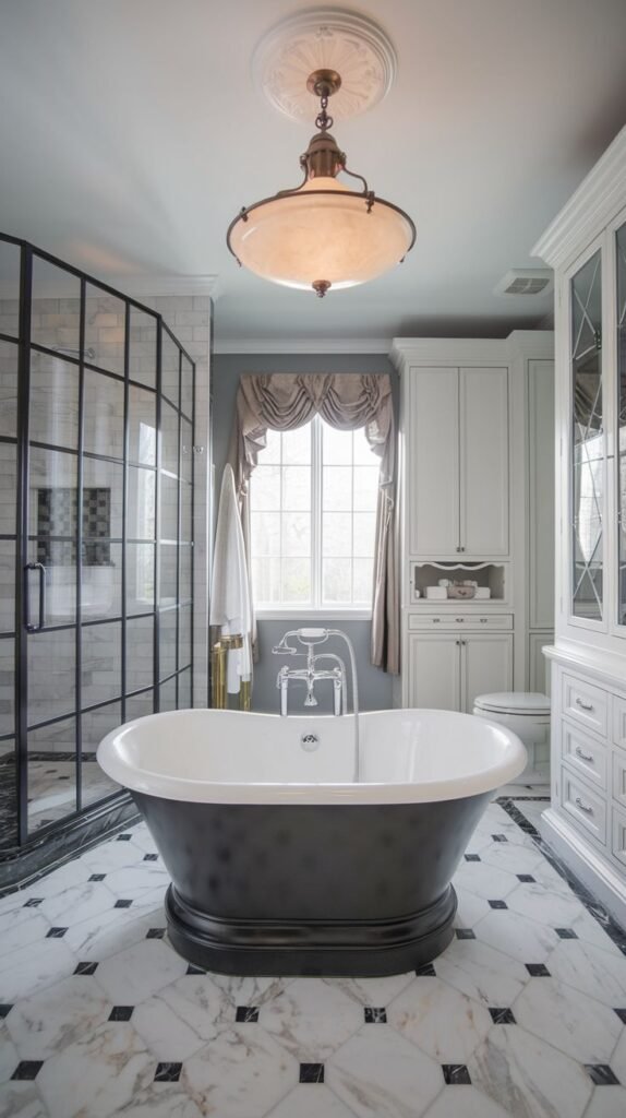 An elegant bathroom featuring a black freestanding tub on a platform, marble tile flooring with black accents, a glass-enclosed shower, and white built-in cabinetry.