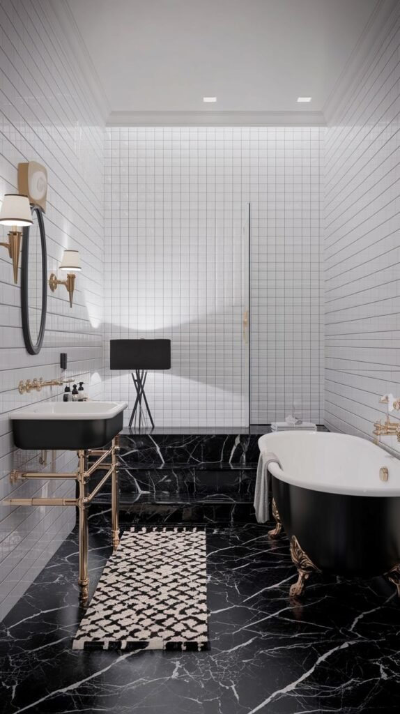 An elegant bathroom with high white subway tile walls, black marble floor and shower surround, a black clawfoot tub with gold fixtures, and a console sink with gold legs.