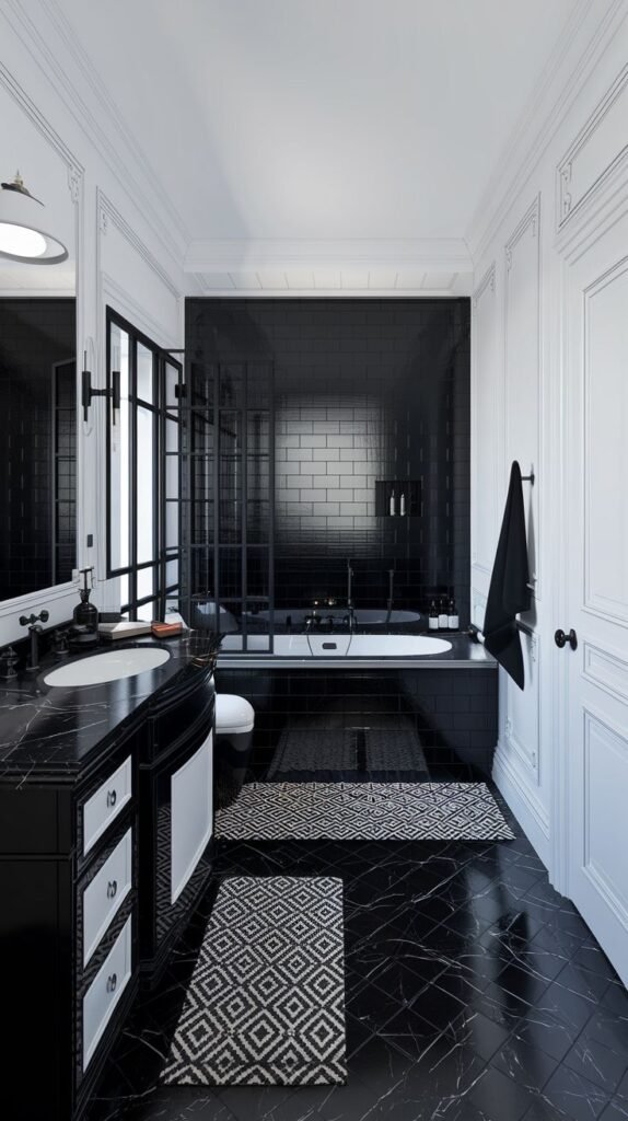 An elegant bathroom with black subway tiles in the shower area, black marble floor tiles, white paneled walls, and a black vanity with a white sink.