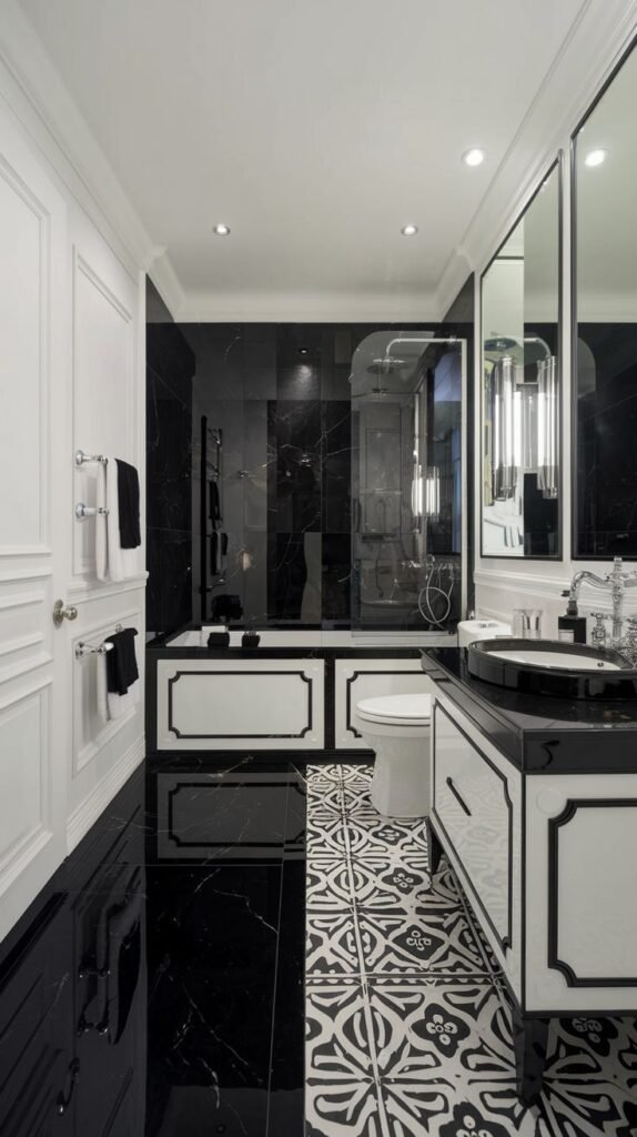 An elegant black and white bathroom featuring glossy black marble walls and floor tiles contrasted with white paneled walls, a large black and white framed mirror, and a white vanity with black trim.