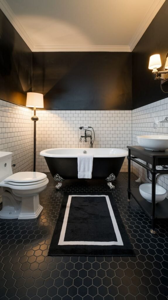 An elegant bathroom with a black clawfoot tub, a black console sink, a black accent wall above white subway tiles, and black hexagonal floor tiles with a black and white area rug.