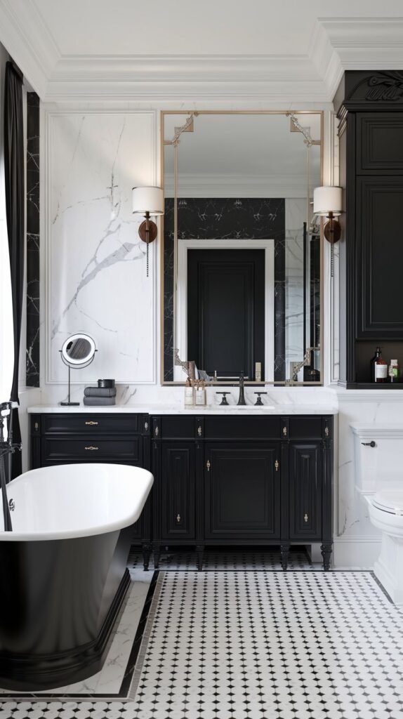 An elegant black and white bathroom featuring a large black vanity with a white countertop, a gold-framed mirror, white marble walls with black trim, and detailed black and white floor tiles.