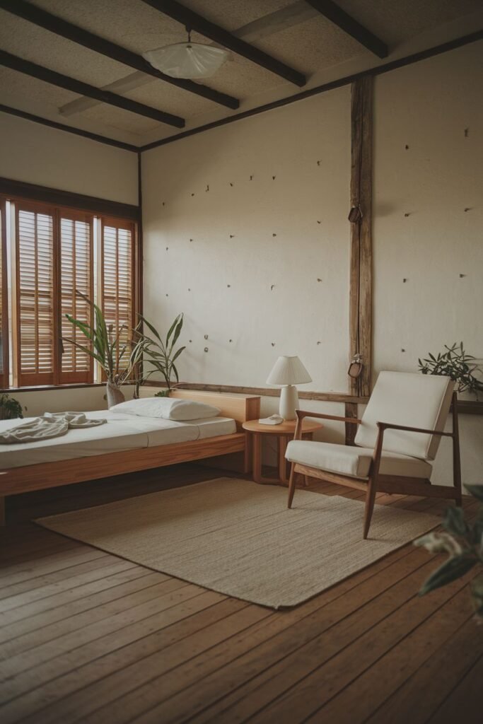 An elegant, wabi sabi bedroom with a low wooden bed, wooden floor, a large window with wooden blinds, an armchair, and a simple rug.