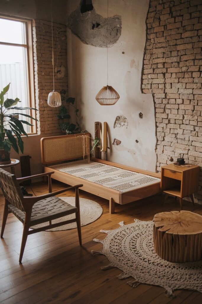 An elegant bedroom blending wabi sabi elements, featuring a low wooden bed with woven details on the headboard and bedding, an exposed brick wall, a wooden floor, a large window, hanging lamps, a wooden armchair, and woven rugs.