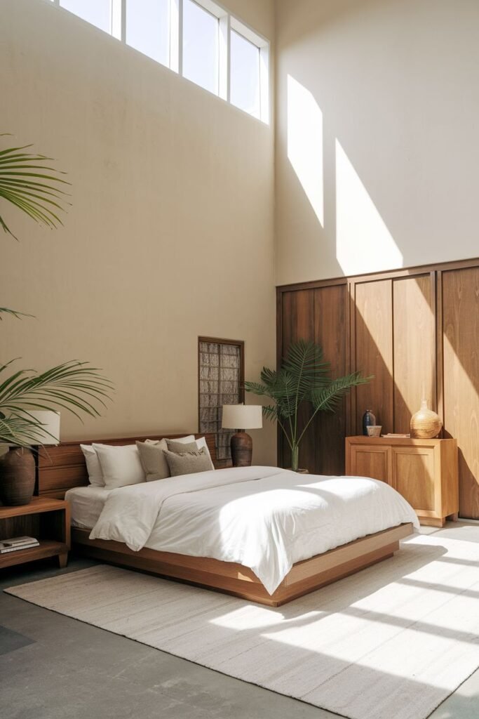 An elegant bedroom incorporating wabi sabi, with a low wooden platform bed, a wooden accent wall and cabinets, a concrete floor, a large window allowing abundant natural light, and plants.