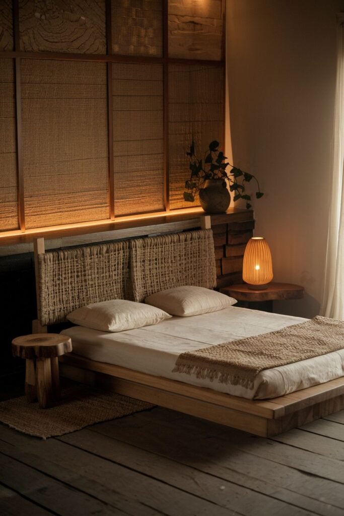 An elegant bedroom with a wabi sabi aesthetic, featuring a low wooden platform bed, woven headboard and decorative elements, wooden floorboards, a wooden stool, and a small lamp.
