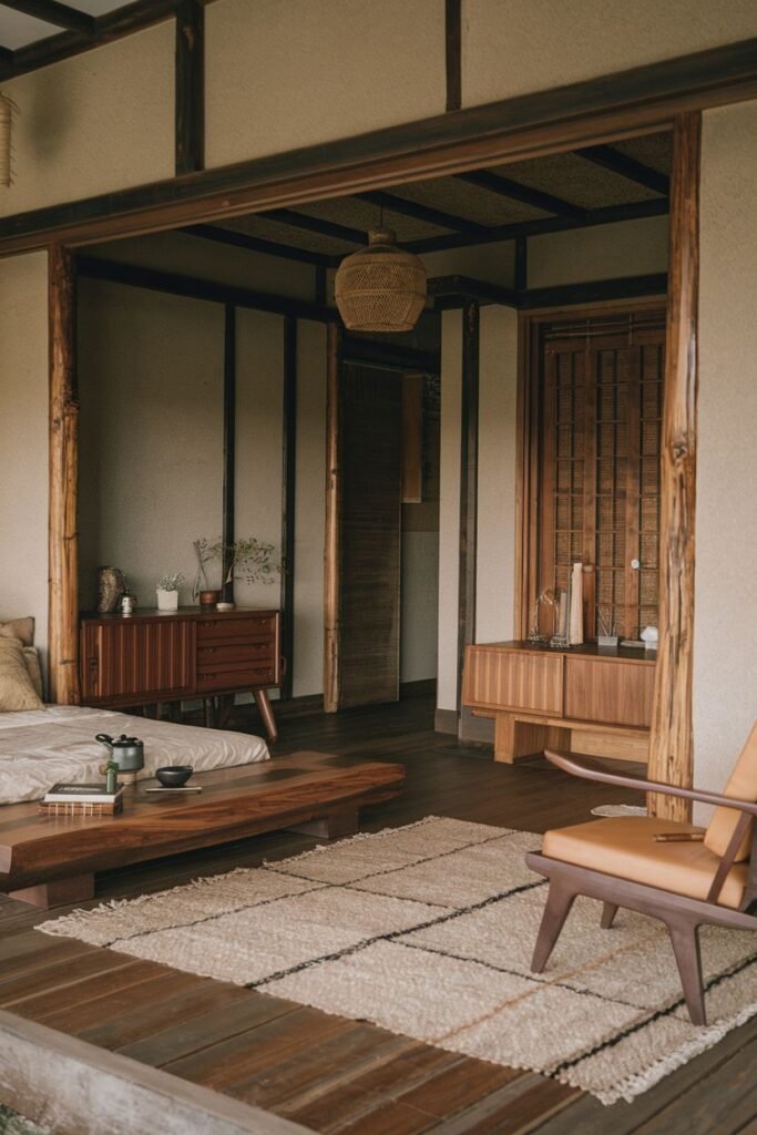 An elegant, wabi sabi room featuring a low wooden table, a chair, and wooden cabinets, opening onto a wooden deck or porch, with a woven lamp fixture.