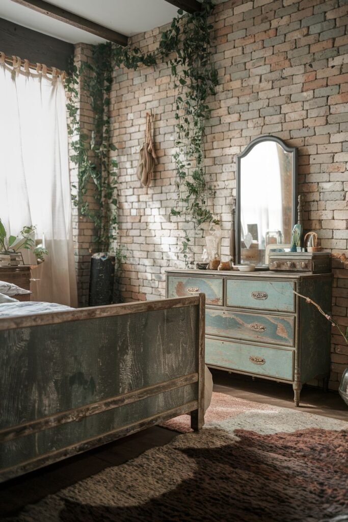 A rustic and elegant bedroom with a wabi sabi feel, featuring a distressed wooden bed frame, a brick wall covered in ivy, a distressed blue dresser with a mirror, a wooden floor, and a rug.