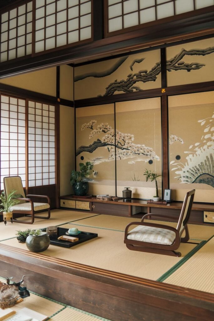 An elegant, wabi sabi room with tatami mats, low chairs, a low table set for tea, traditional Japanese painted screens, and shoji screens.