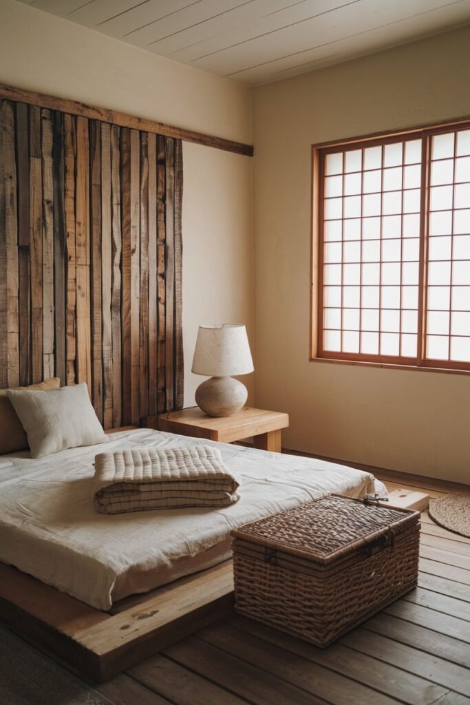 An elegant bedroom embodying wabi sabi, featuring a low wooden platform bed, a wooden headboard constructed from vertical wood pieces, a textured wall, a shoji screen window, wooden floorboards, and a woven basket.