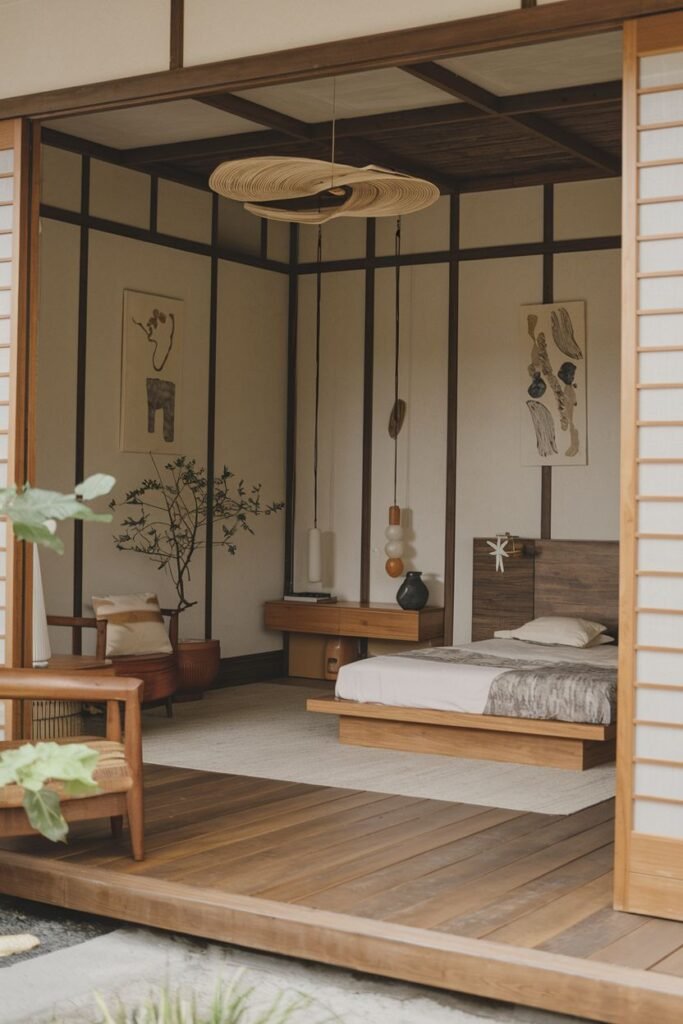 An elegant bedroom with a strong wabi sabi aesthetic, featuring a low wooden platform bed, wooden cabinets and shelves, wooden floor, plants, shoji screens, and hanging light fixtures.