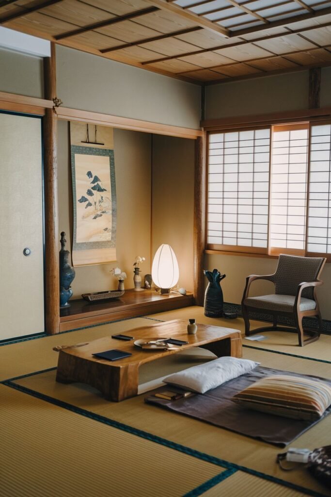 An elegant, wabi sabi room with tatami mats, a low wooden table, floor cushions, a traditional Japanese scroll on the wall, shoji screen windows and doors, and a wooden chair.