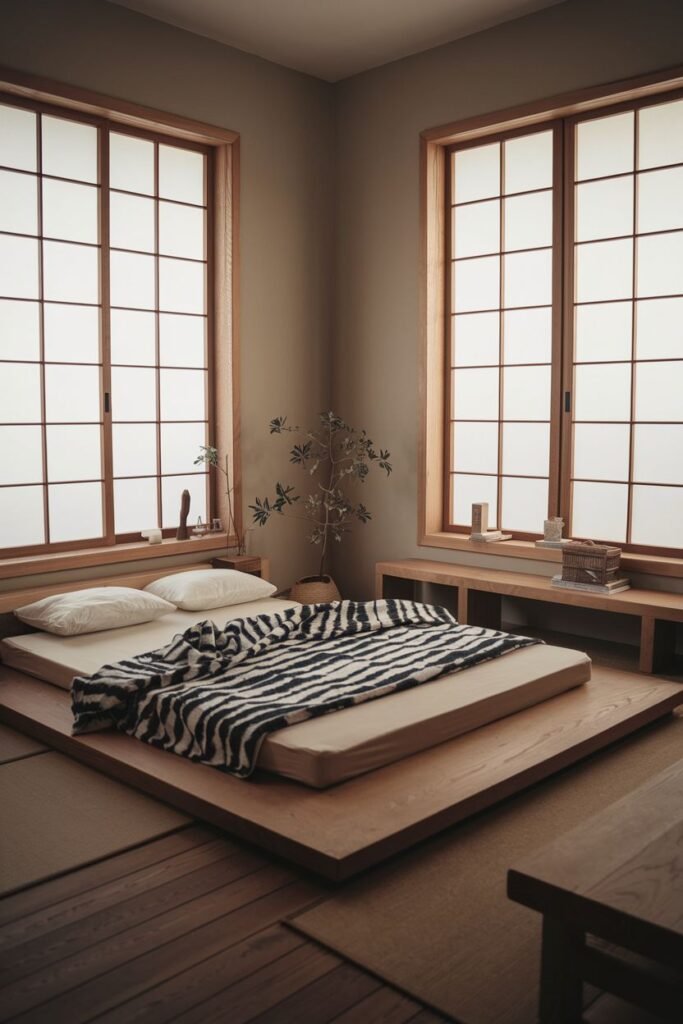 An elegant bedroom designed with wabi sabi principles, featuring a low wooden platform bed, tatami mats, wooden floorboards surrounding the mats, large shoji screen windows, and a potted plant.