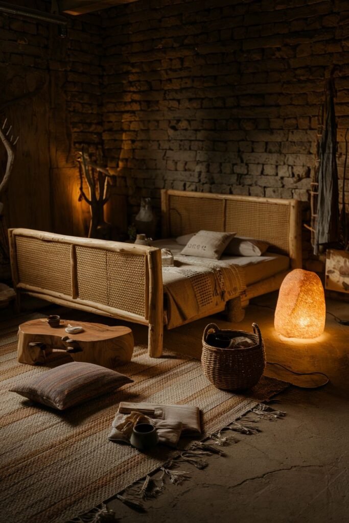 An elegant, wabi sabi bedroom with a low wooden bed featuring a woven headboard, set against a stone brick wall, complete with a natural rug, small wooden table, large basket, and a warm glowing salt lamp.