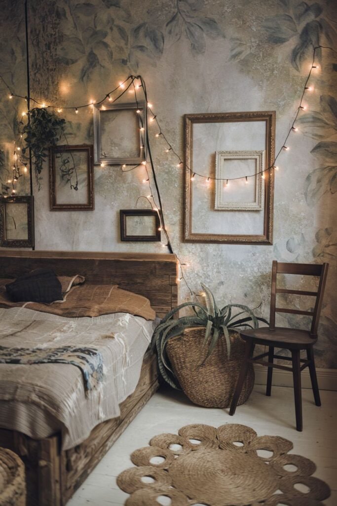 An elegant room embodying wabi sabi aesthetics, featuring a wooden bed, botanical wallpaper, string lights, framed pictures, a woven basket holding a plant, and a circular woven rug.