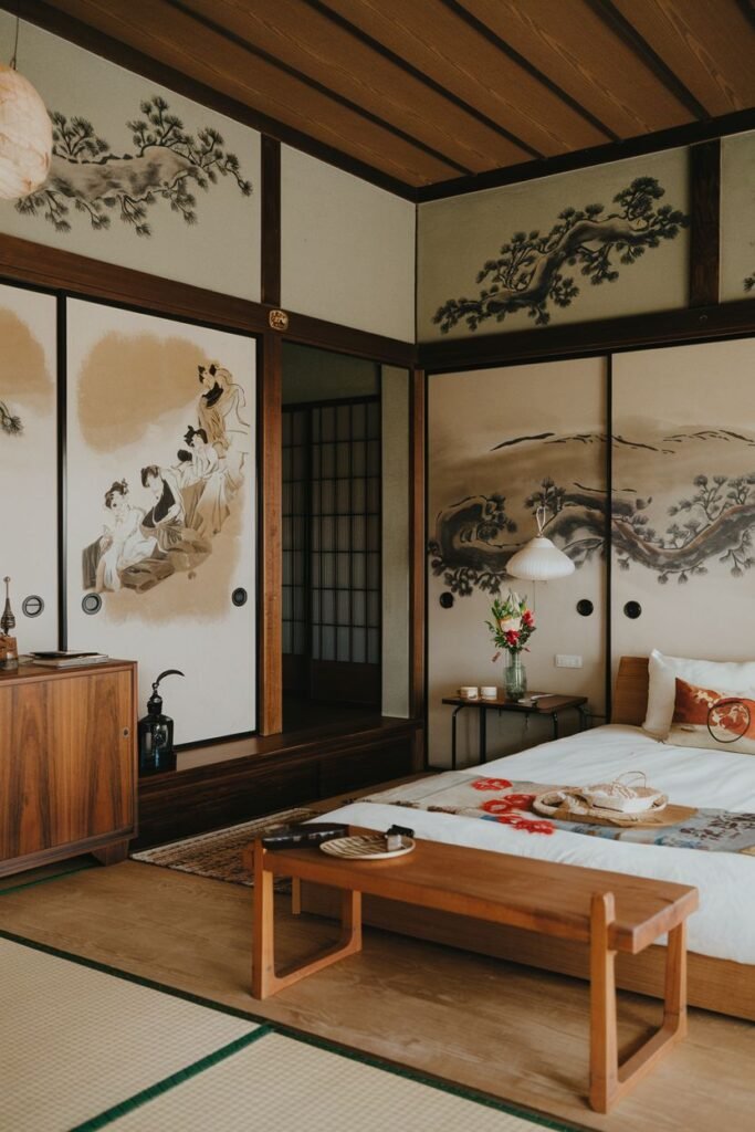 An elegant, wabi sabi Japanese-style bedroom with traditional sliding doors depicting painted landscapes and figures, a low wooden bed, a wooden bench, and tatami mats covering the floor.